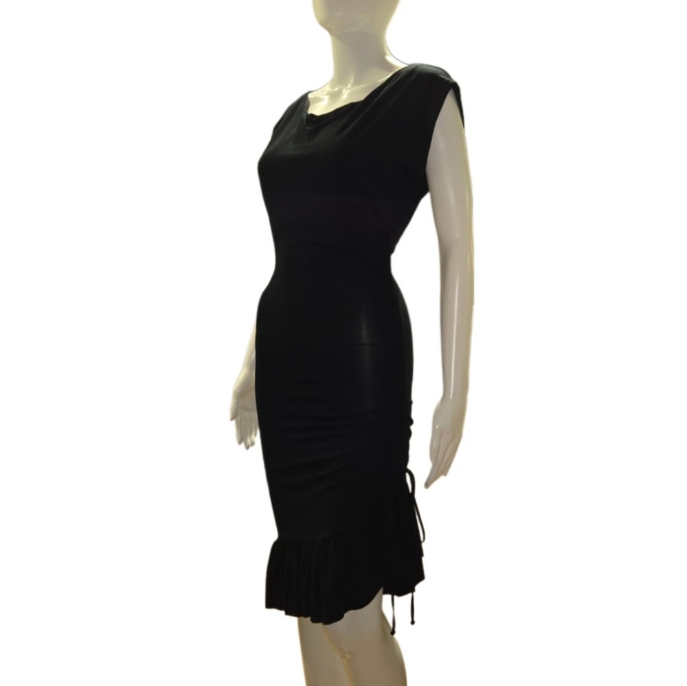 DIABLESS Side-Ruched Ruffle Hem Boatneck Black Dolman Sleeve Dress Size 2/4 XS/S